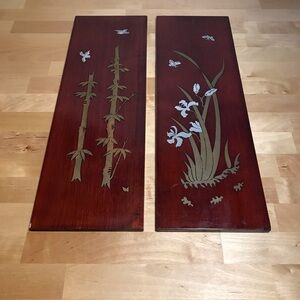 Set of 2 Vintage Asian Lacquer Nature Theme Wood Plaque Panels -Made in Korea-